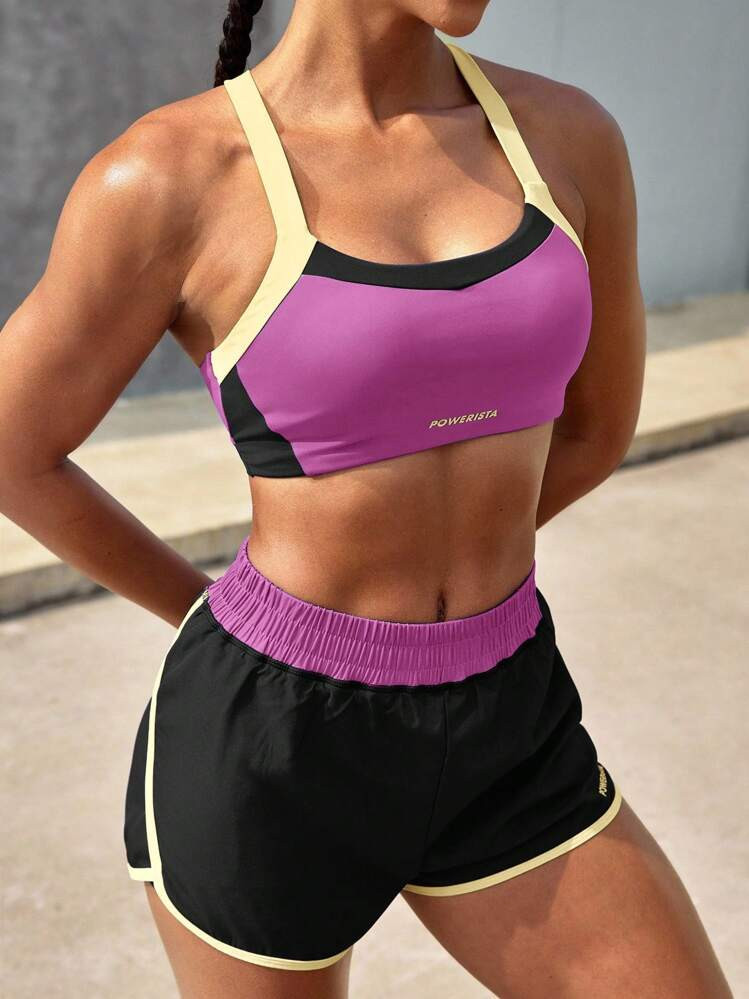 Powerista Women Summer Casual Contrast Color Crisscross Back Tank Top And Shorts Sports Set Workout Women Sets | SHEIN