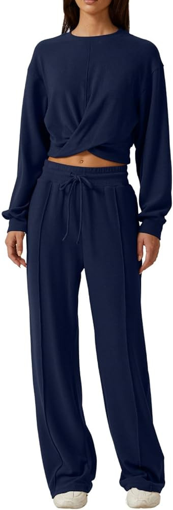 QINSEN Women 2 Piece Outfits Sweatsuit Set Twist Front Cropped Sweatshirt Wide Leg Sweatpant Loun... | Amazon (US)