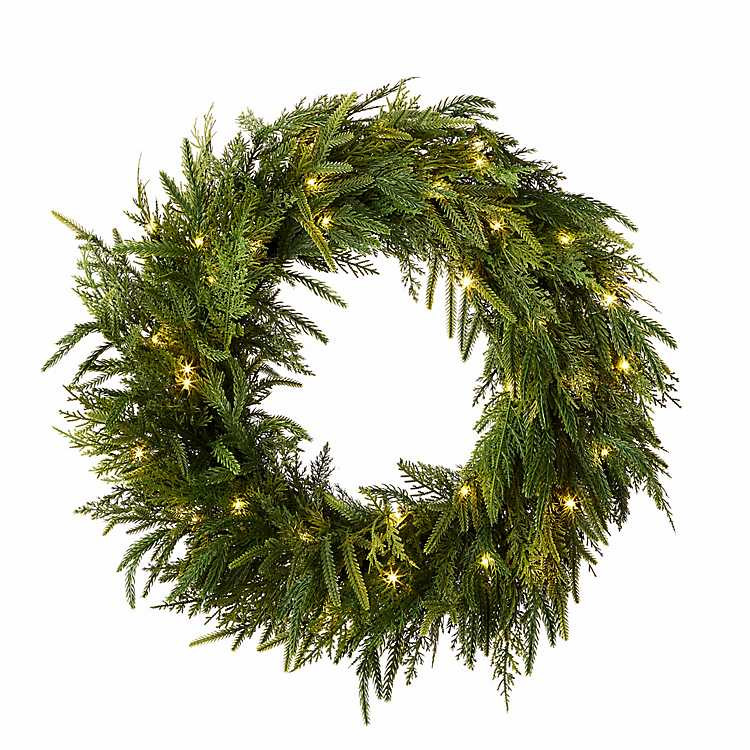 New! Prelit Juniper and Northfork 26in Wreath | Kirklands