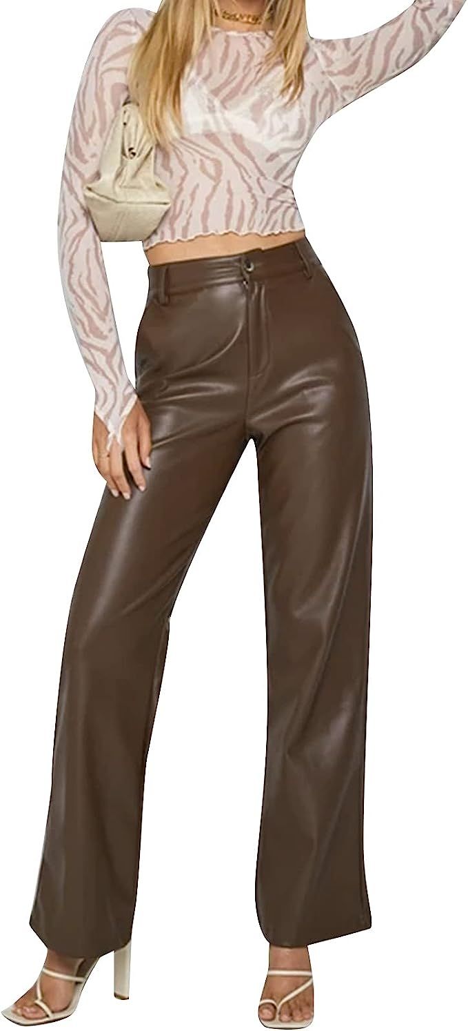 NUFIWI Women's Faux Leather Pants High Waist Straight Wide Leg PU Legging Casual Solid Color Trou... | Amazon (US)