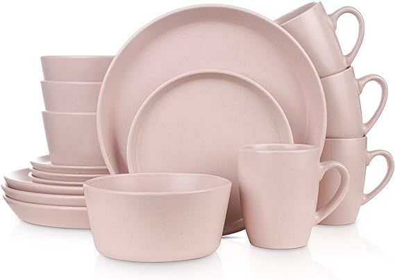 Stone Lain 16 Pieces Stoneware Round Dinnerware Set, Pink | Amazon (US)