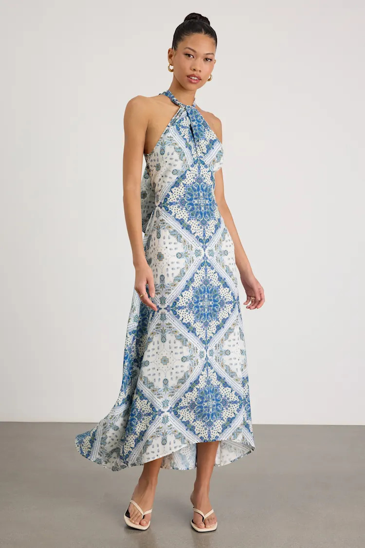 Hania White and Blue Boho Print Halter Midi Dress | Lulus