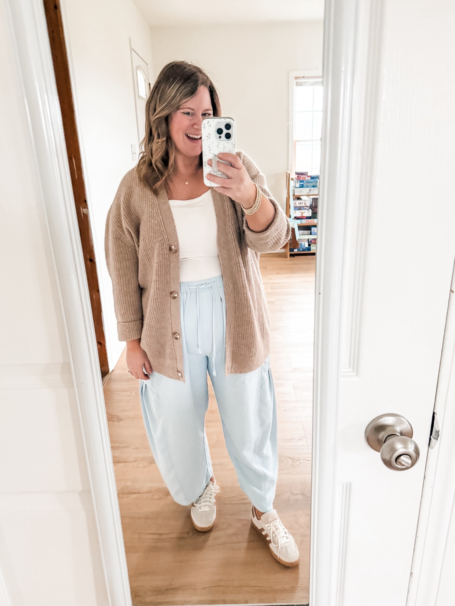 Teacher outfit! Wearing a large in my cashmere cardigan and my pants.  My tank is an XL.  Size down a 1/2 in th adidas sneakers 

#LTKWorkwear #LTKBump #LTKMidsize