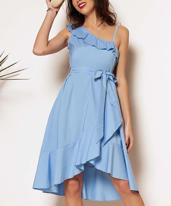 Msquared Women's Special Occasion Dresses BLUE - Blue Ruffle-Trim Tie-Waist Asymmetrical Dress - Wom | Zulily