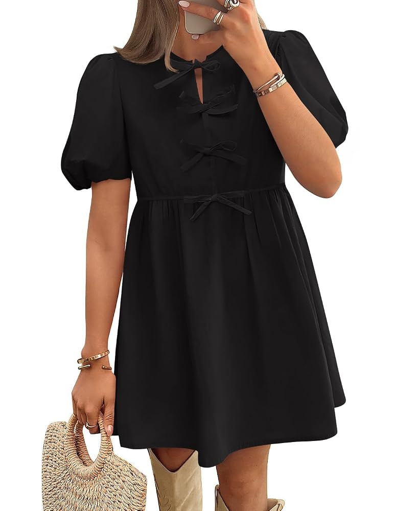 ZESICA Women's Summer Short Sleeve Tie Front Mini Dress Cute Babydoll Ruffle Pleated A Line Tunic... | Amazon (US)