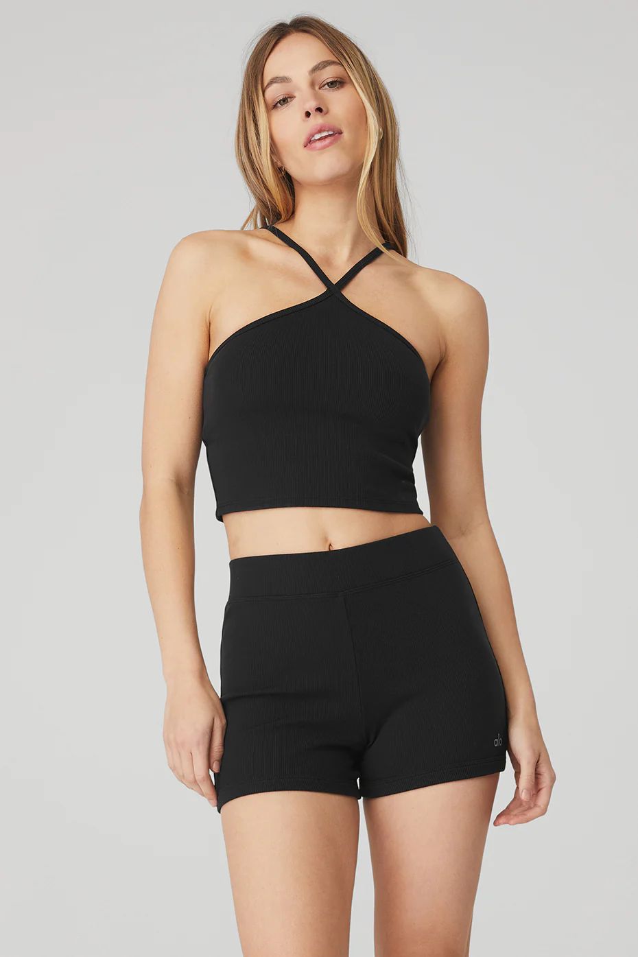 Alo YogaÂ® | Goddess Ribbed Cross Crop Top in Black, Size: XS | Alo Yoga