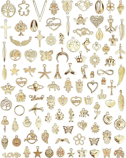 100 Pcs Wholesale Bulk Lots Jewelry Making Charms, Mixed Golden KC Gold Alloy Charms Pendants for... | Amazon (US)
