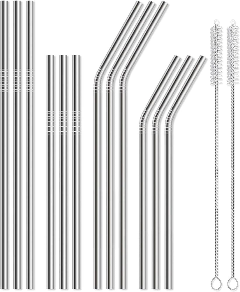 12 Pack of Reusable Stainless Steel Metal Straws, 3 Straight + 3 Bent 10.5 Inch and 3 Straight + ... | Amazon (US)
