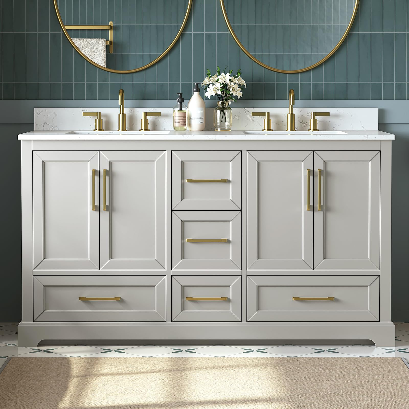 60 Inch Bathroom Vanity with Double Sink Combo, Solid Wood Frame with Mable Top &Backspalsh, Fully-Assembled with Soft-Closing Doors & 5 Drawers, Greige | Amazon (US)