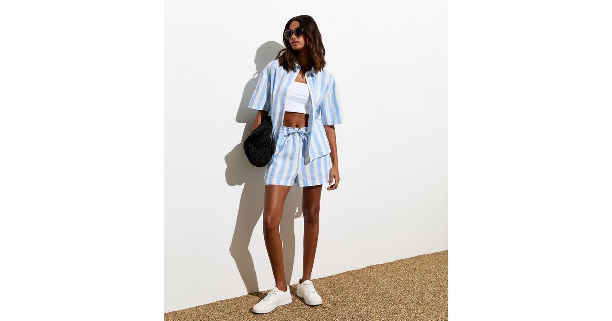 Blue Stripe Linen Blend Drawstring Shorts | New Look | New Look (UK)