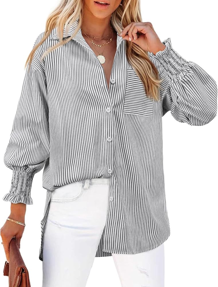 Womens Striped Button Down Shirts Smocked Long Puff Sleeve Oversized Boyfriend Blouses Loose Pock... | Amazon (US)