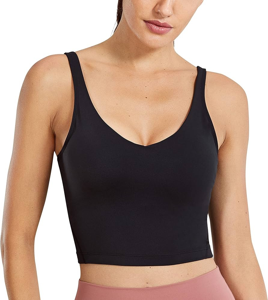 CRZ YOGA Womens V Neck Workout Tank Tops with Built in Bras - Cropped Padded Athletic Longline Sp... | Amazon (US)
