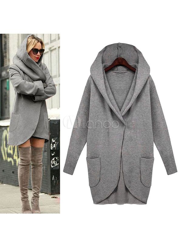 Women's Wool Coat Hooded Long Sleeve Light Grey Winter Coats | Milanoo