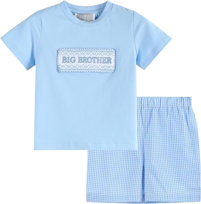 Lil cactus Boys and Toddlers Light Blue Big Brother Smocked Shirt and Shorts Set | Amazon (US)