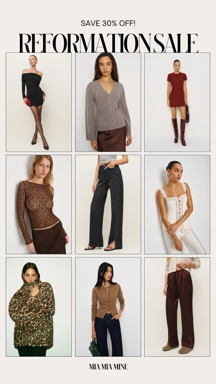 Reformation sale picks
Save 30% off reformation satin pants, cashmere and wool cardigans, sweater dresses and studded jean

#LTKSeasonal #LTKHoliday #LTKSaleAlert