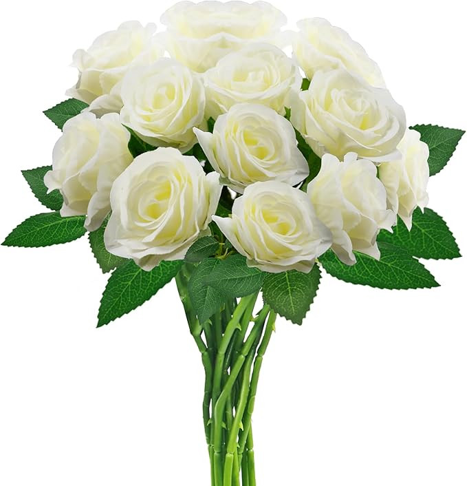 White Artificial Roses with Long Stems, 12Pcs Realistic Roses Artificial Flowers, Faux Roses | Bu... | Amazon (US)