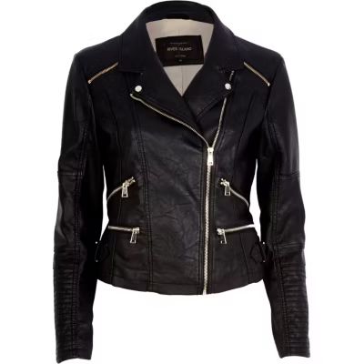 Black leather-look zip detail biker jacket | River Island (US)