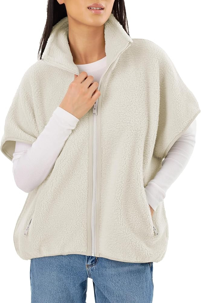 Ziqoty Women's Sherpa Fleece Vest with Batwing Sleeves Leather Trim Stand Collar Zip Up Lightweig... | Amazon (US)