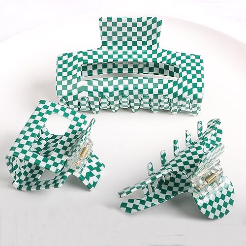 Checkered Hair Claw Clips,Pack of 3,Vintage Green/White Checkered Claw Clips Cellulose Acetate Banana Clips,Nonslip Hair Clamp for Women Girls (Green) | Amazon (US)