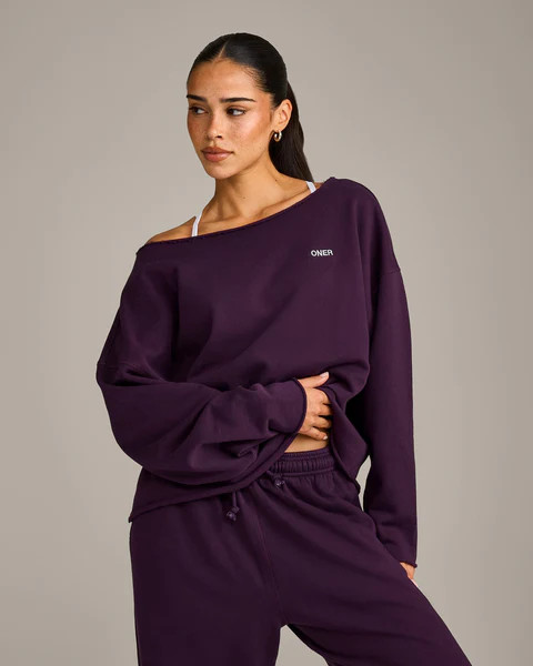 Raw Cut Lounge Off-The-Shoulder Sweatshirt 
 Washed Blackberry Purple | Oner Active (UK / US)