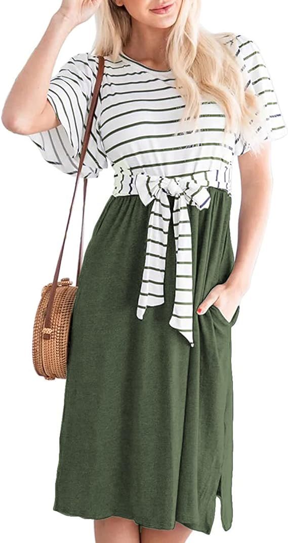 MEROKEETY Women's Summer Striped Ruffle Sleeves Tie Waist Pockets Casual Swing Midi Dress | Amazon (US)