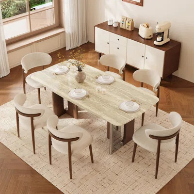Contemporary 7-piece Dining Set, Stone Rectangular Table With Wood Legs & Metal Support, 6 Upholstered Chairs With Solid Wood Legs For Dining Room | Wayfair North America