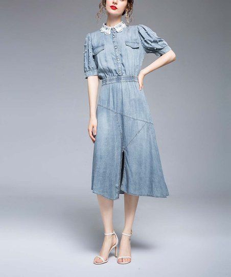 Light Blue Denim Lace-Collar Button-Front Dress - Women | Zulily