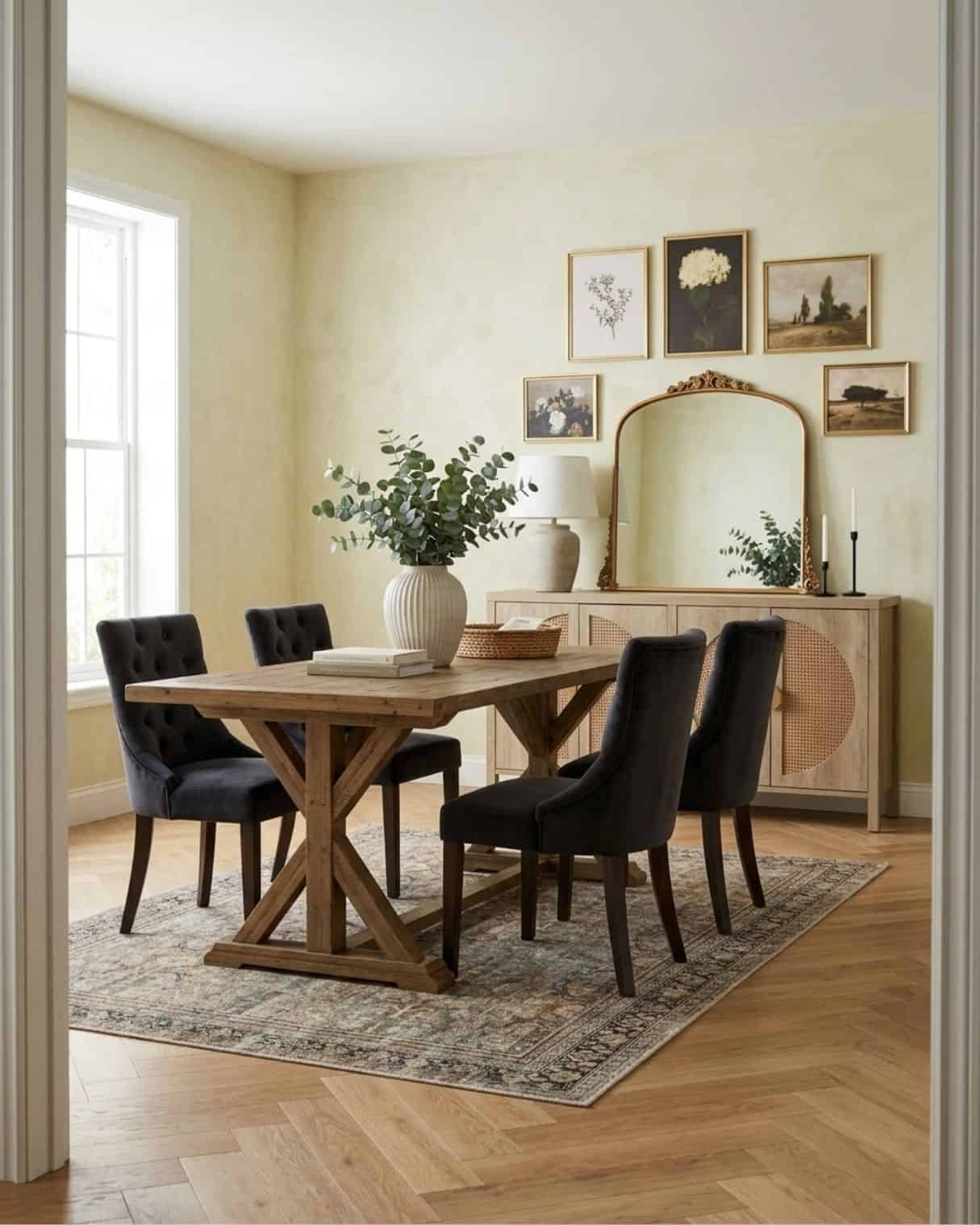 Moody Dark Dining Room Design With Tufted Chairs and Cane Sideboard

#diningroomdesign #moodydecor #diningroomdecor #trestletable #diningroomideas

The mood board features furniture & decor from Amazon. The mockup is an approximation of how this mood board design could look in a home.

#LTKHome