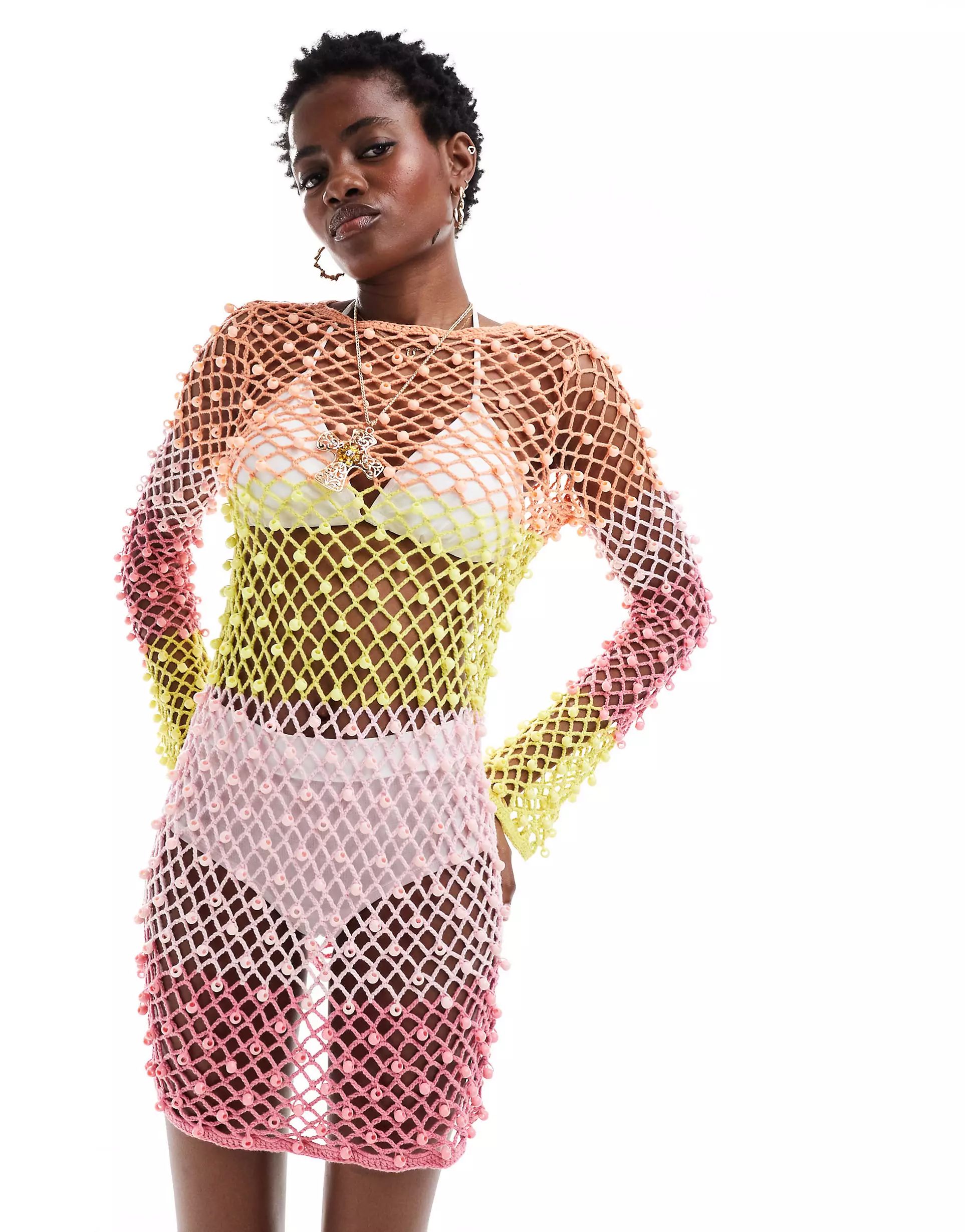 ASOS DESIGN knitted crochet beaded mini dress in stripe | ASOS (Global)
