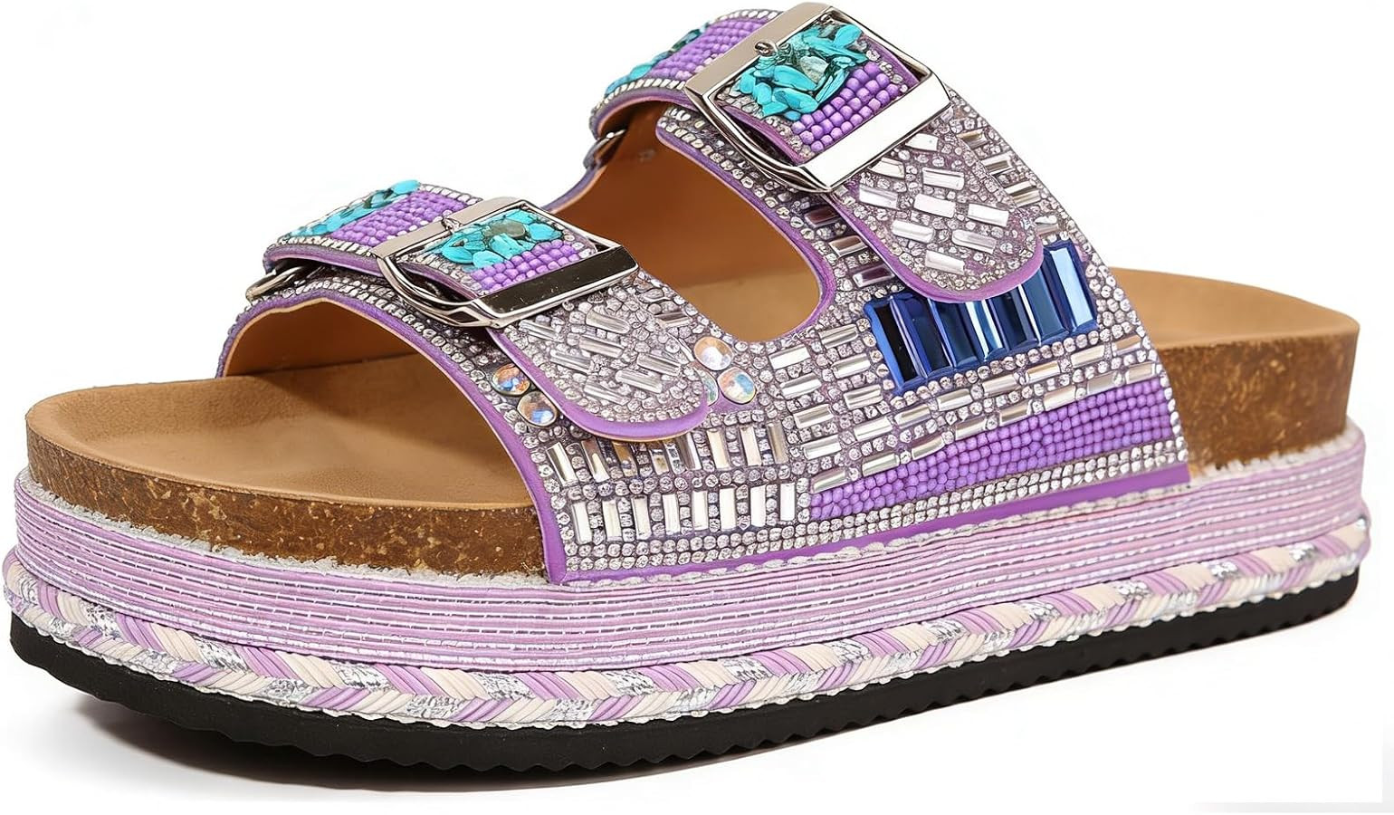 Womens Glitter Rhinestones Flat Sandals Cork Footbed Slides 2 Straps Adjustable Buckle Handmade S... | Amazon (US)