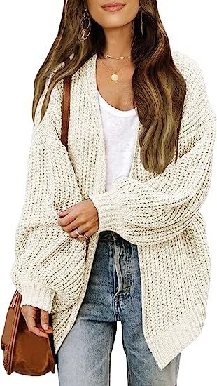 MEROKEETY Women's Open Front Long Lantern Sleeve Cardigan Oversized Chunky Outwear with Pocket | Amazon (US)