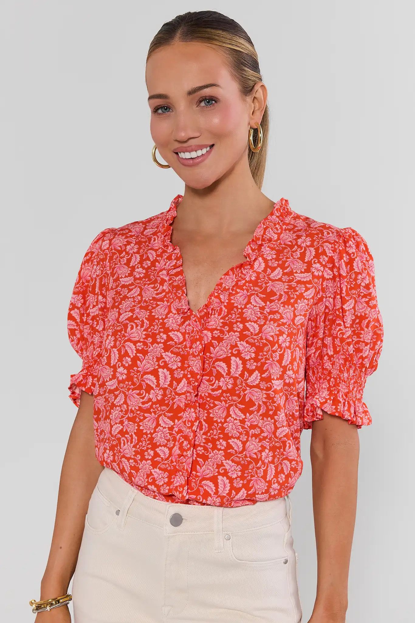 Orange Printed Puff Sleeve Top | Avara