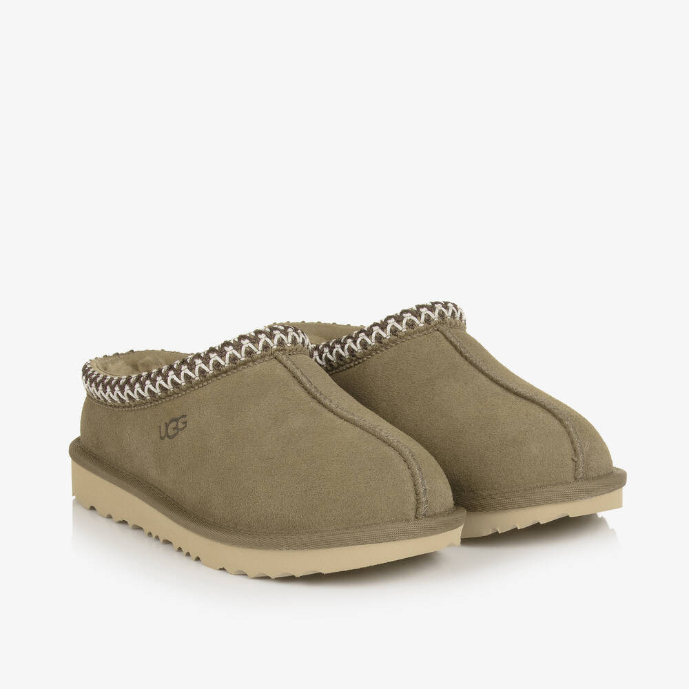 Ugg Khaki Beige Suede Leather Tasman Mules | Childrensalon