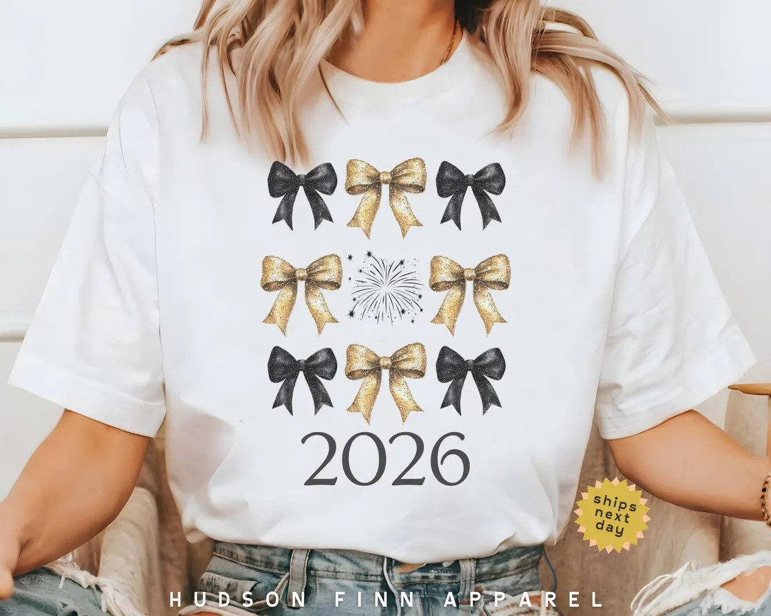 2026 New Year's Adult Shirt, Women's New Year's Eve Party T-Shirt, Black and Gold Coquette Bow Sh... | Etsy (US)