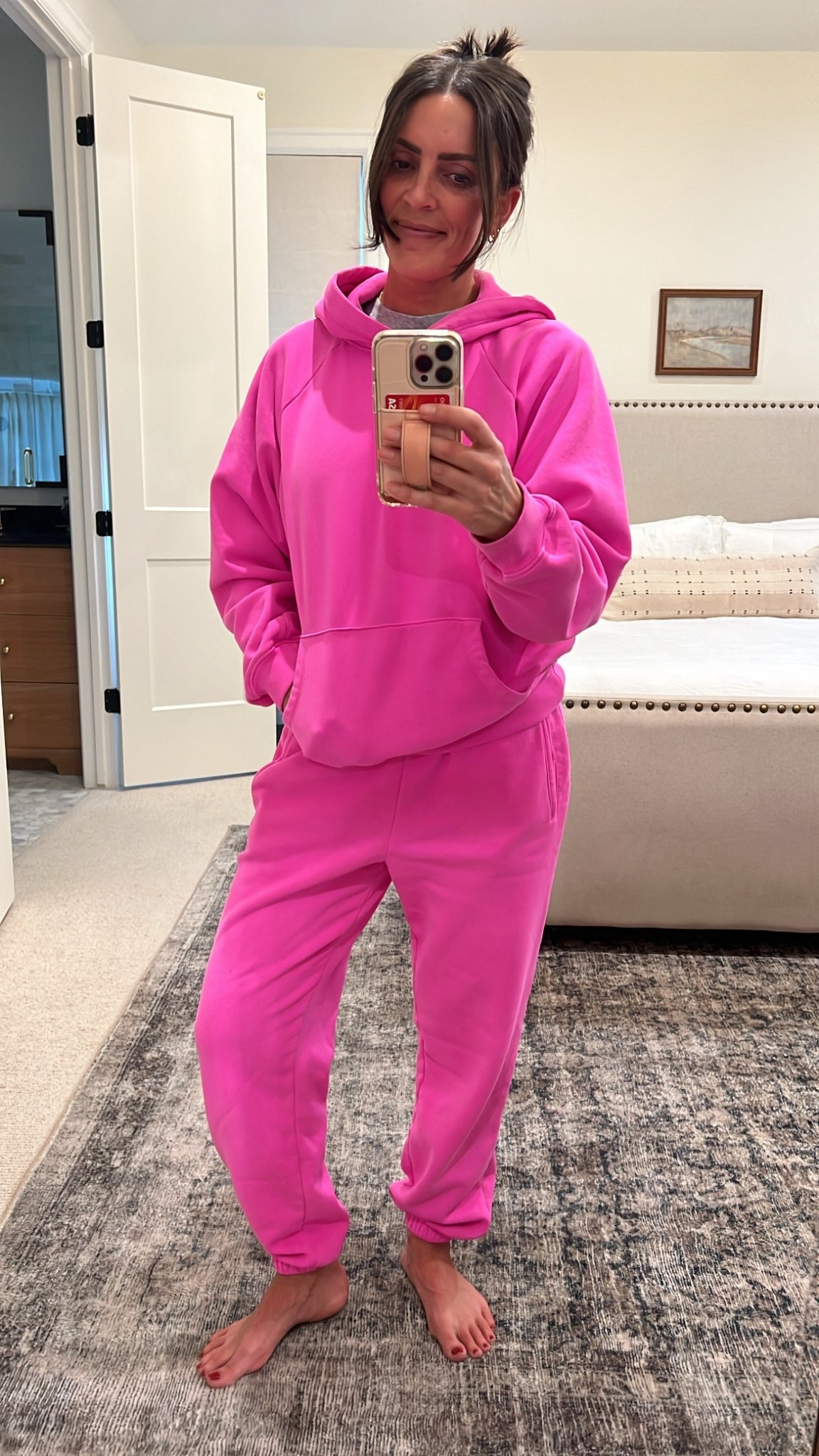 Love my bright pink sweats from Gap!  

Mom attire. Comfy and cute sweat set. Activewear for moms  

#LTKootd #LTKmomlife #LTKOver40