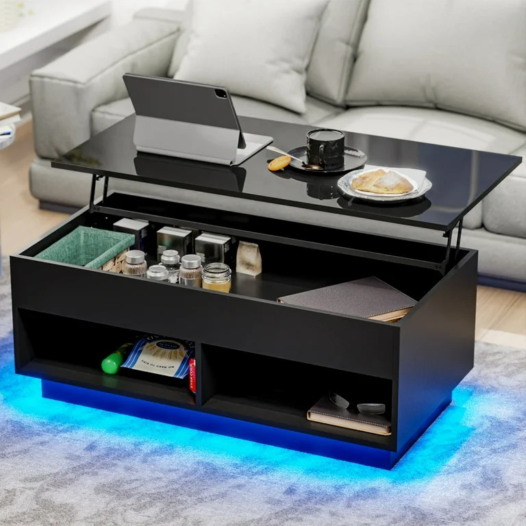 Hommpa Lift Top Coffee Table with Hidden Compartment High Gloss Black Coffee Tables LED Center Ri... | Walmart (US)
