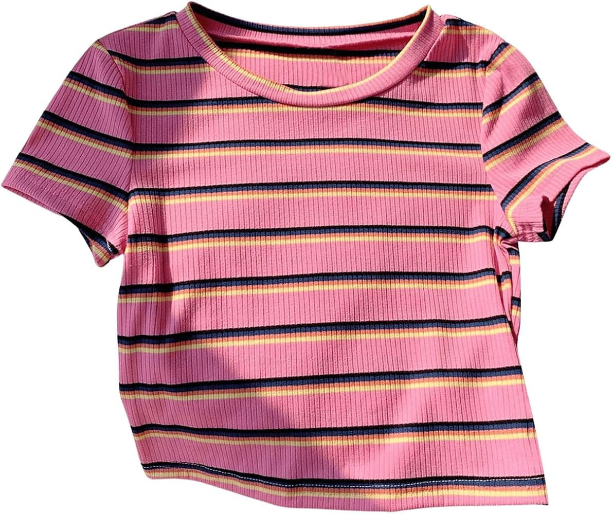 RoseSeek Women's Striped Colorblock T Shirt Short Sleeve Crew Neck Ribbed Knit Crop Tops | Amazon (US)