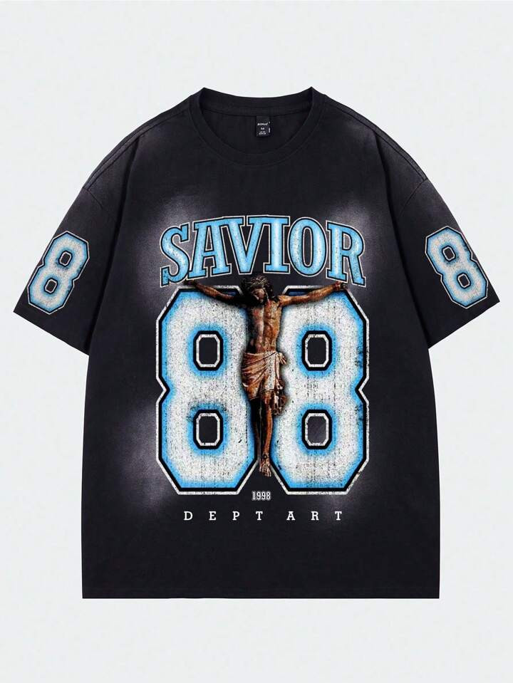 ROMWE Street Life Men's Vintage Jesus Printed Short Sleeve Football T-Shirt With Washed And Distr... | SHEIN