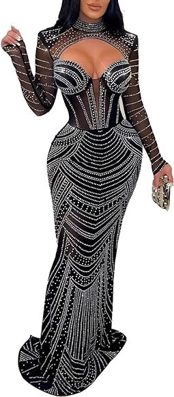 CUTUBLY Women's Rhinestone Dress Sexy Club Outfits for Women See Through Night Out Dress | Amazon (US)