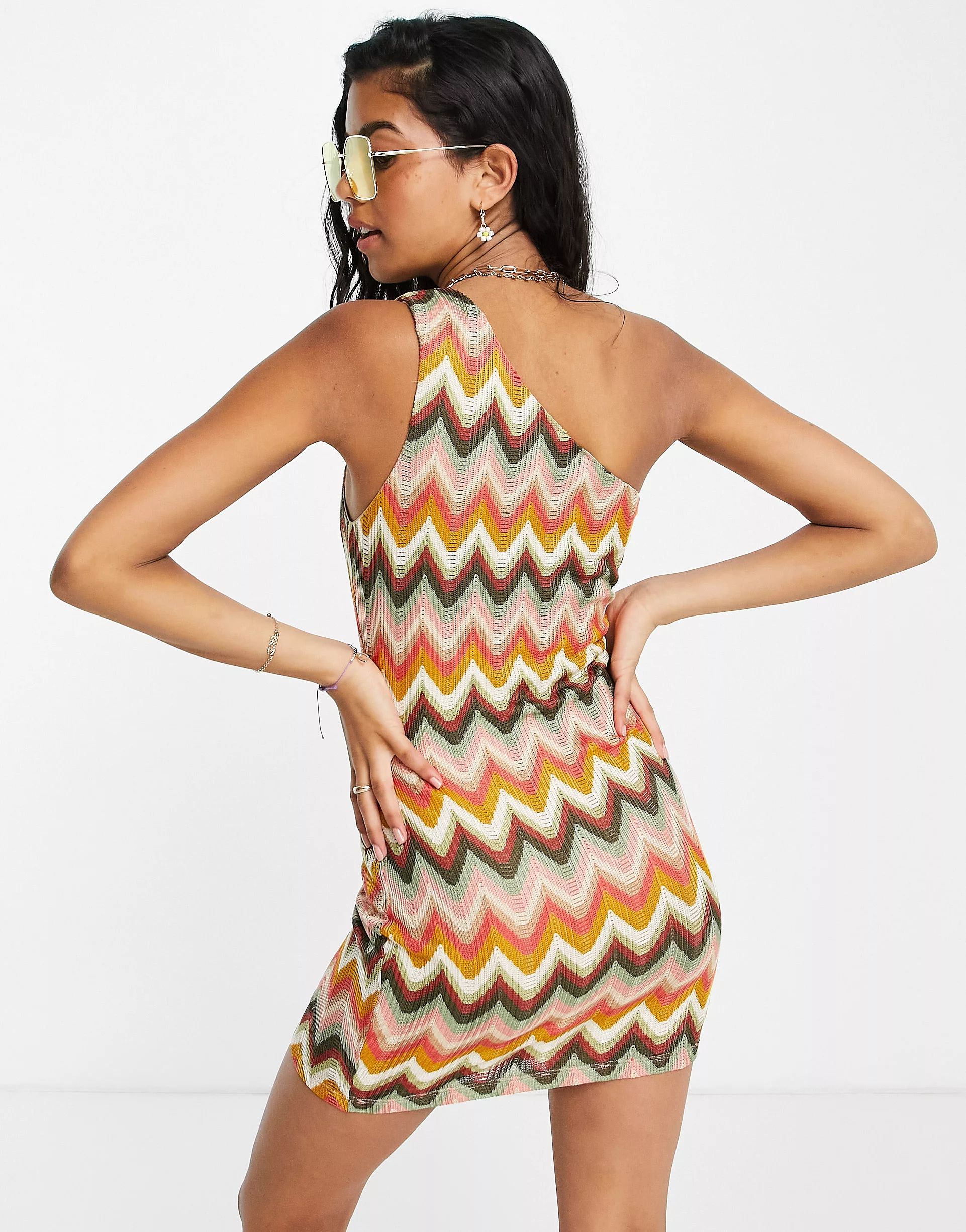 ASOS DESIGN one shoulder mini dress in zig zag multicolored crochet | ASOS (Global)