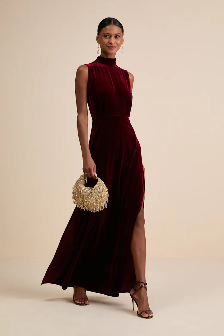 Classic Elegance Wine Red Velvet Sleeveless Mock Neck Maxi Dress | Lulus