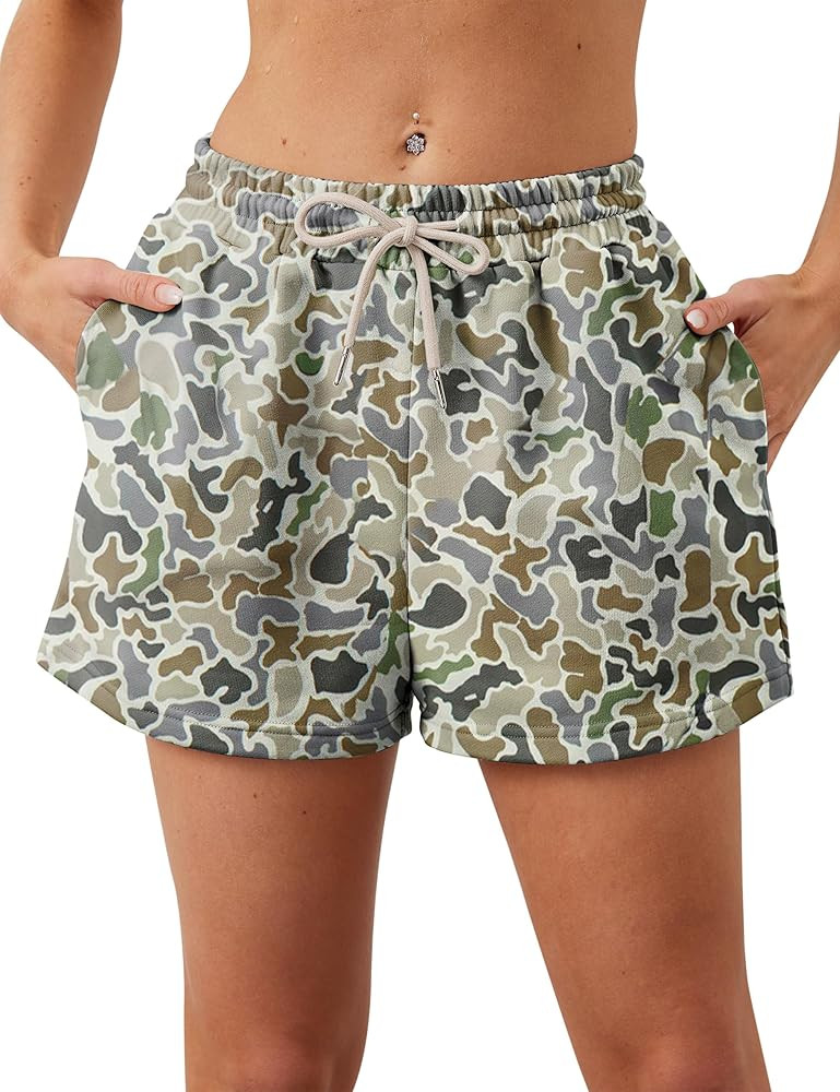 Women Camo Sweat Shorts Casual Elastic Waist Lounge Shorts Drawstring Maple Leaf Print Athletic S... | Amazon (US)