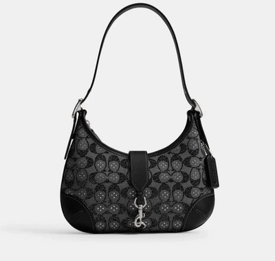 Coach Hamptons Hobo Bag Crystal Signature Jacquard Silver Black NEW | eBay US