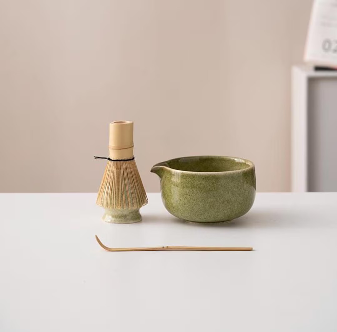 Green Ceramic Matcha Bowl Set With Spout Bamboo Whisk and Chasen Holder Unique Matcha Whisk Set 4... | Etsy (US)