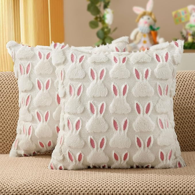 DFXSZ Easter Pillow Covers 18x18 inch Set of 2 Easter Decorations Pink Ears White Rabbit Soft Plu... | Amazon (US)