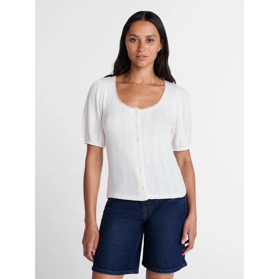 Time and Tru Women's Pointelle Top with Short Sleeves, Sizes XS-XXXL | Walmart (US)