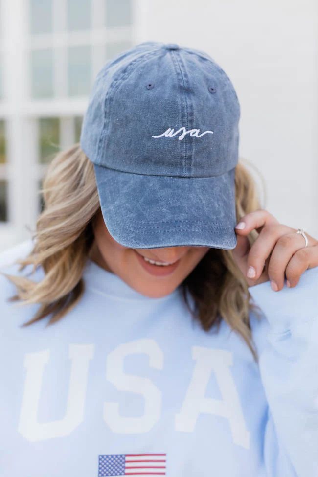 USA Script Embroidered Baseball Cap Vintage Denim | The Pink Lily Boutique