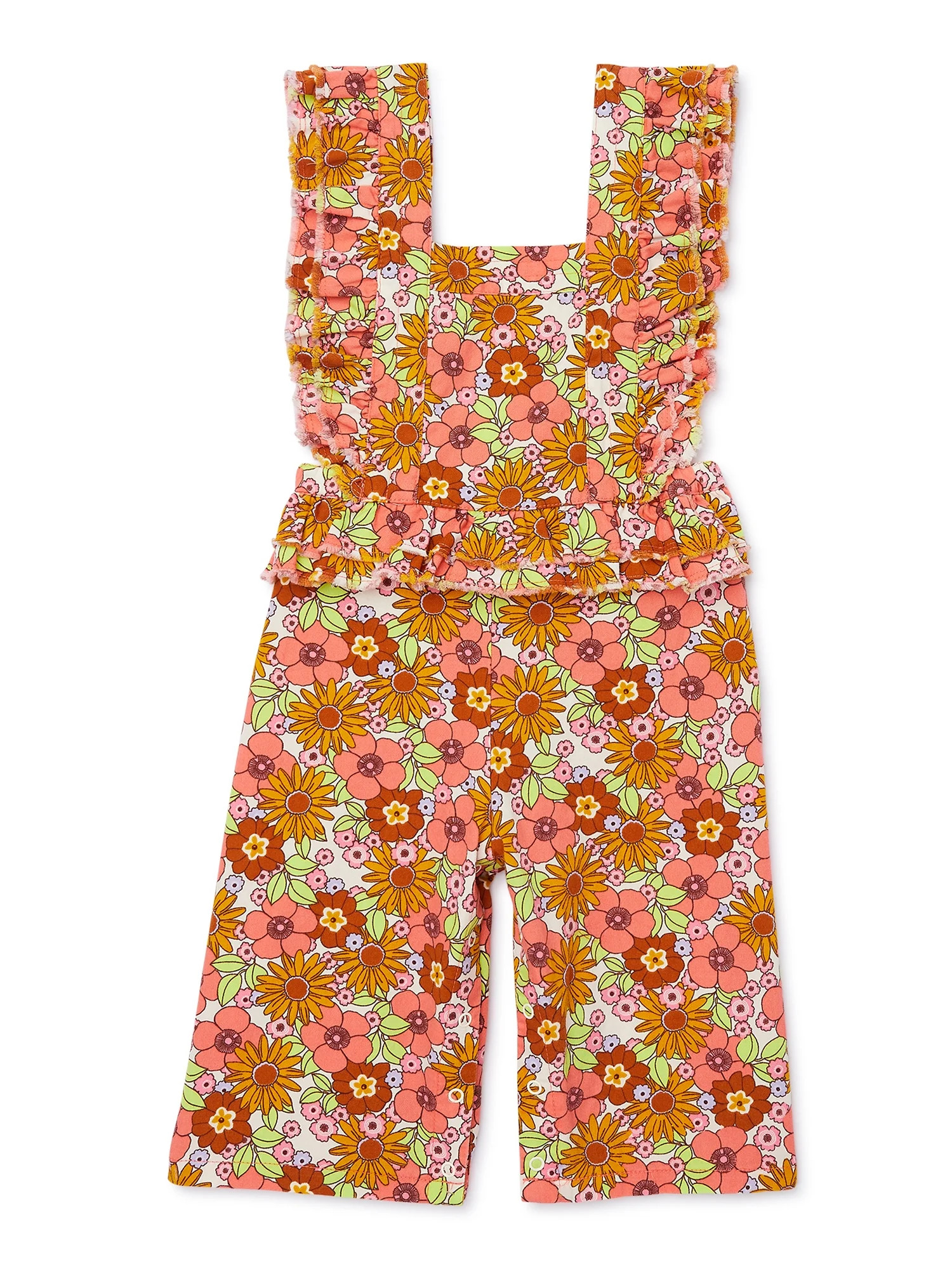Wonder Nation Toddler Girl Sleeveless Ruffled Print Denim Romper, Sizes 18M-2T | Walmart (US)