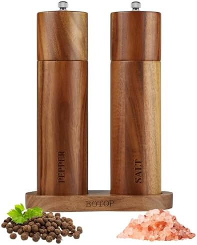 2 Pack Acacia Wood Salt and Pepper Grinder Set with Bases, Refillable Salt and Pepper Mills Adjus... | Amazon (US)