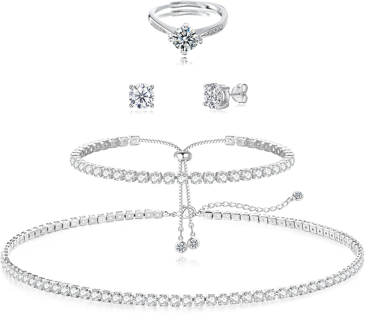 Tennis Necklace Bracelet for Women, Sterling Sliver, Dainty Chocker Necklace, Crystal Bracelet fo... | Amazon (US)